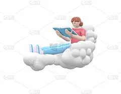 一个年轻快乐的女孩在天空的云上看书。文学迷以随意的彩色衣服孤立在白色的背景上。有趣、抽象的卡通人物。