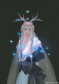 古风插画《角仙》：宋・陶谷《清异录・兽》：「华清宫一鹿，千年精俊不衰，人呼曰角仙。」(《说郛》六一)后因以角仙为鹿的代称。 ​​​ ​​​​