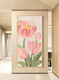 奶油风玄关装饰画郁金香挂画花卉肌理画简约现代竖版走廊过道壁画-tmall.com天猫