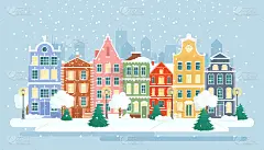 城市冬季景观矢量图。下雪的街道作为贺卡的背景。圣诞贺卡的概念，快乐的节日旗帜与色彩鲜艳的房子在平面卡