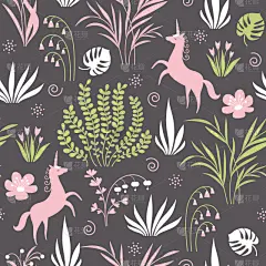 植物群,独角兽,四方连续纹样,纺织品,式样,幻想,童话故事,植物学,图像,复古