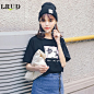 LRUD2017夏装新款女装韩版宽松显瘦短袖T恤女黑色百搭印花上衣潮-tmall.com天猫