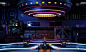 赛博朋克科幻产品平台展示在黄蓝色紫色和粉色背景的宇宙飞船上。技术和对象概念。3D插图渲染