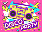 迪斯科旗帜。复古音乐海报，90年代收音机和磁带播放器funky彩色设计矢量背景插图