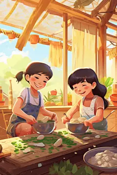 卡通小清新五月初五端午节包粽子人物插画