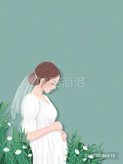 孕妇#孕妈#母亲节#穿白裙子抚摸肚子的孕妈妈插画