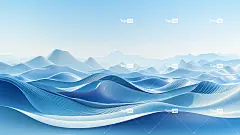 山地地形的抽象图像，风格为宁静的海洋主题、发光的3D物体、圆