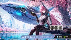 星曜城迎来了樱花季，这座城市由影驰产品所推动发展，技术力遥遥领先，背景中的科技建筑和樱花树无不诉说着这一切。星曜娘身着科技感十足的服装，坐在湖畔中心的飞行甲板上，展示介绍影驰产品。标识清晰可辨。背景中庞大的机械巨鲸由影驰星曜显卡所驱动，彰显着影驰显卡无与伦比的性能。

描绘了一个充满梦幻氛围的未来世界，突显影驰显卡在性能和美学上的双重优势，传递出品牌不断创新和追求卓越的理念。