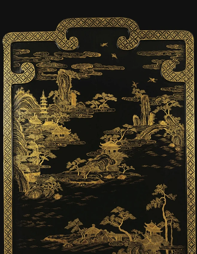 清雍正 御制黑漆描金山水楼阁图七扇屏风