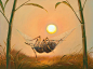 In a Web of Bliss - Oil on Canvas - Vladimir Kush : In a Web of Bliss. Oil on Canvas by Vladimir Kush. Spider... look at him enjoying the sunset, putting his feet up comfortably in a hammock of a web...