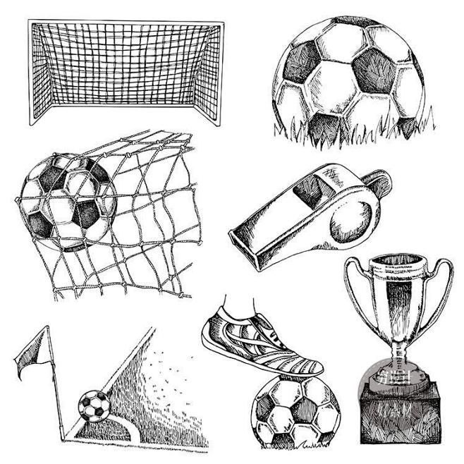 矢量手绘线稿素描足球运动员世界杯海报元素...