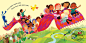 This may contain: children are flying in the air over a hill