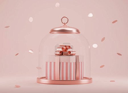 3D带金色彩带的粉红礼品盒，玻璃圆顶，粉...