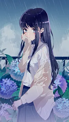 夜晚眺望城市的二次元长发女孩手绘手机壁纸