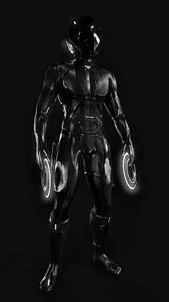 This may contain: a black and white photo of a man in a futuristic suit holding two dumbs