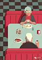 【意大利插画家Davide Bonazzi 的“Day Trippers”系列插画欣赏】
——  去心爱的餐厅吃顿久违的晚餐，岁月改变了我们的容貌，好在我们的口味和品味如初。