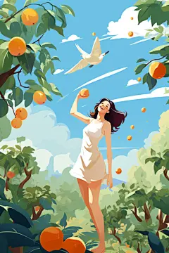 女生橘子扁平风水果女孩人像插画