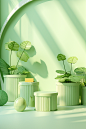 3d visualization green objects and plants on a table, in the style of cute cartoonish designs, minimalist stage designs, qian xuan, light green, contemporary candy-coated, rim light, serene pastoral scenes