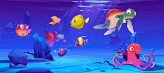 Underwater landscape with sea life animals