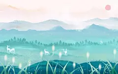 水墨世界湿地日小鹿草坪保护绿色环境爱护地球插画