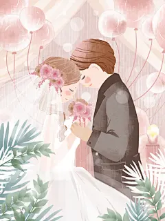 婚纱手绘爱情情侣插画海报