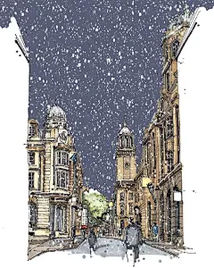 #微博公开课#旅居在英国的插画师Jack一直坚持用手绘的方式记录生活街角的商店、漫天的雪花、气派的建筑都是他的创作素材，虽然是草图的形式，但是画面依旧满满都是细节～ ​​​​