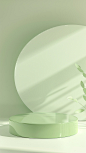 3D render of a minimalistic light green podium with a white circle on the background, studio shot, soft lighting, neutral tones