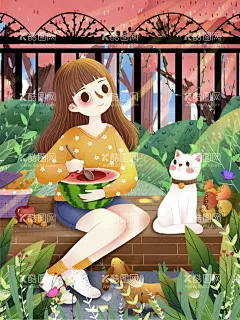 小女孩  - 源文件下载【酷图网】小女孩,吃西瓜,小猫咪,立夏,可爱