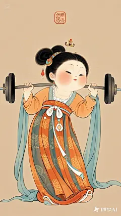 全景,水墨插画,极简主义，漂亮的唐代女士插画,胖女士举重，现代人物与古风工笔画结合，画风细腻成熟，独特的风格，识别度高，人物讨喜又不失韵味，可爱的Q版唐代风俗画图，背景简洁，纯色背景。 (3)