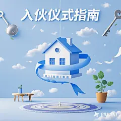 浅蓝渐变背景扁平风插画，_入伙仪式指南_文字带金色描边，卡通化房屋轮廓悬浮半空，飘带缠绕钥匙与盆栽，几何色块构成地毯纹理