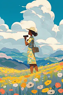 文艺小女孩五一劳动节户外旅游插画