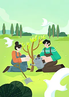 青年男女在草地上种树图片下载