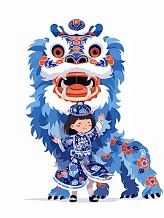 一个中国小女孩站在舞狮前 青花瓷海报