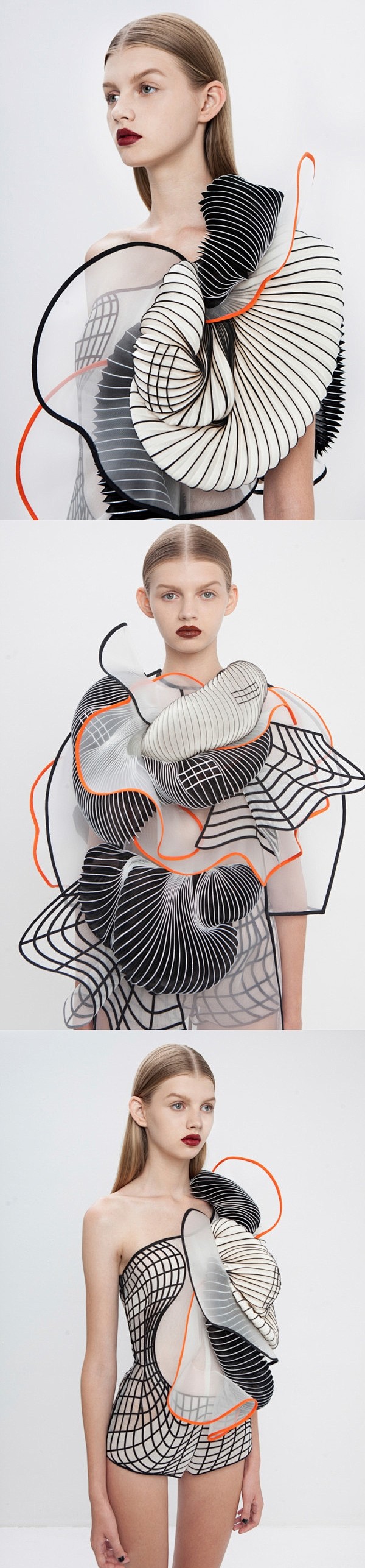 一个现代版本3D立体打褶织物薄纱印花服装...