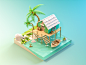 海边小屋建模海边石头小屋房子木材景观水海树椰子低聚3D C4D
