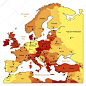 热橙颜色的欧洲地图。名称、 镇商标和国家边界是在单独的图层中。矢量插画