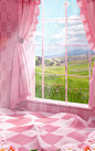 a beautiful photo of pink checkered walls and ruffled pink curtains and a field, in the style of hyper-realistic water, cartoon mis-en-scene, tranquil serenity, 3840x2160, delicate washes, cute cartoonish designs, ferrania p30