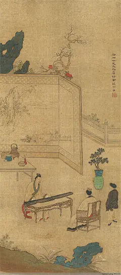 苏六朋——《奏琴图》欣赏  |  
苏六朋(1791—1862)，广东顺德人。字枕琴，号怎道人、怎叔、南水村佬、南溪渔隐、浮山樵者、石楼吟叟、南水人、南水渔郎、浮山山人、浮山七十二洞天樵子等。中国清代画家。能书隶草行多种字体;能画山水人物花鸟。宗法赵子昂、唐伯虎、仇十渊、吴伟、黄慎，又亲得罗浮山僧德坤的真传，画技娴熟高超，既能作端秀精细的工笔画，也能作粗毫写意的简笔画。尤善画人物，绘写了不少盲公、卖艺人等市井人物，是广东画坛上独树一帜的画家。