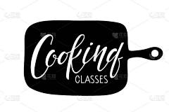 烹饪课在菜板上手写字母。烹饪学校logo模板。食品工作室的海报，在线大师班，烹饪课程，烹饪学校。黑白