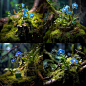 Forest, dead wood on the ground covered with green moss, moss with a pitcher plant, wide leaves, beautiful blue flowers, stunning, Phalaenopsis occupies half of the picture, centered, background bokeh, right side light, photography style, real scene, ultr