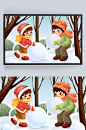 冬天下雪滚雪球堆雪人冬季插画
