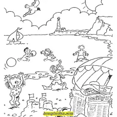 9张孩子们的假期沙滩椰林海底世界儿童涂色简笔画-红豆饭小学生简笔画大全