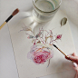 Rose, original watercolor painting : Original watercolor painting on a paper by Katerina Pytina.  Paperwork is sold without a frame.  Size 23,6x23,6cm. Professional watercolor paints on Arches 100% cotton watercolor paper (185gsm, cold pressed).  Painting