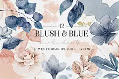 水彩手绘海军蓝树叶花卉冬季装饰元素合辑 Blush and Blue Leaves Florals Watercolor