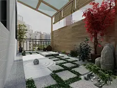日式空中露台 日式阳台 卷帘 玻璃顶 石头 石板 枫叶 室外沙发 茶几 壁灯3d模型_知末3d模型网