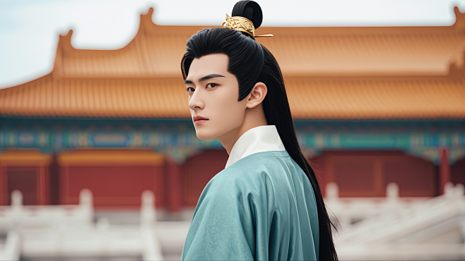 人像摄影；一位亚洲美男；古代帝王，文雅神情，皇宫背景；中景构图，柔和调，平静，传统色泽，尊贵，侧站着看着远处 (3)