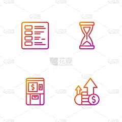 设行理财成长币、ATM币、商业财务报表、老沙漏。渐变颜色图标。向量
