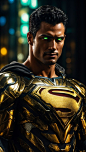 a man dressed as superman with green eyes