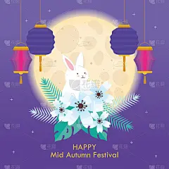 rabbit on flowers with moon and lanterns of happy 