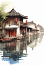 彩绘水墨风徽派建筑江南水乡插画图片
